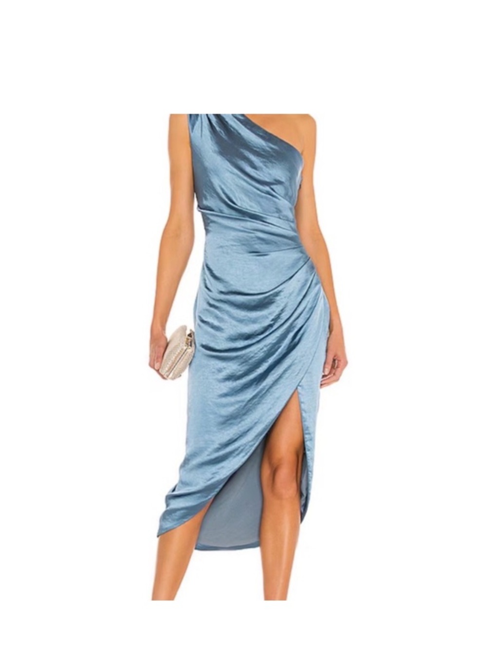 Elliatt One-Shoulder Satin Midi Dress in Dusty Blue
